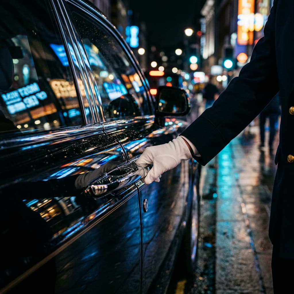 Chauffeur opening luxury vehicle door
